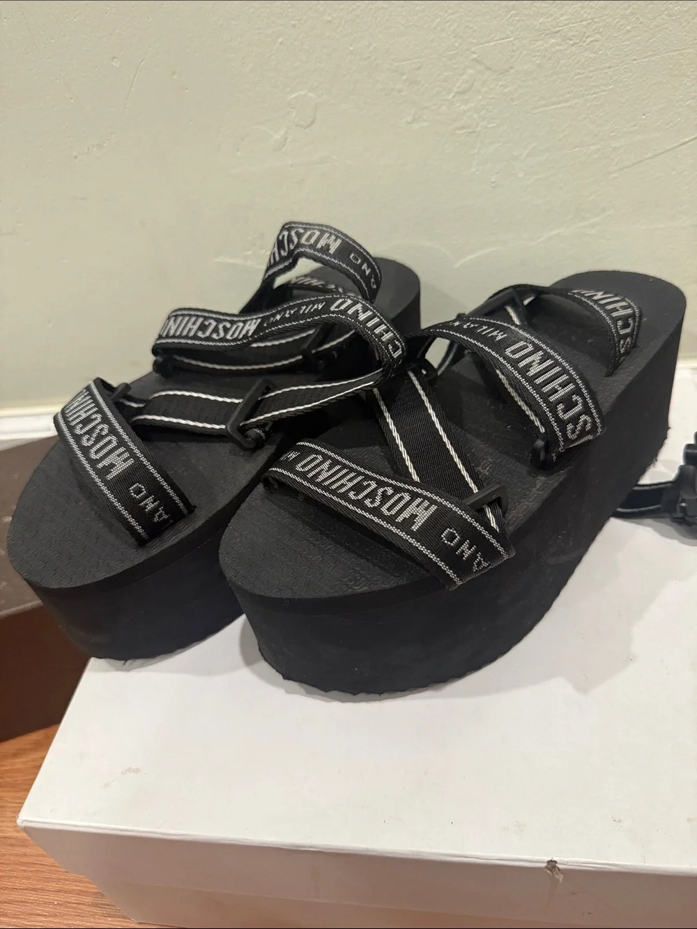 Moschino Black Logo Webbing Platform Sandals